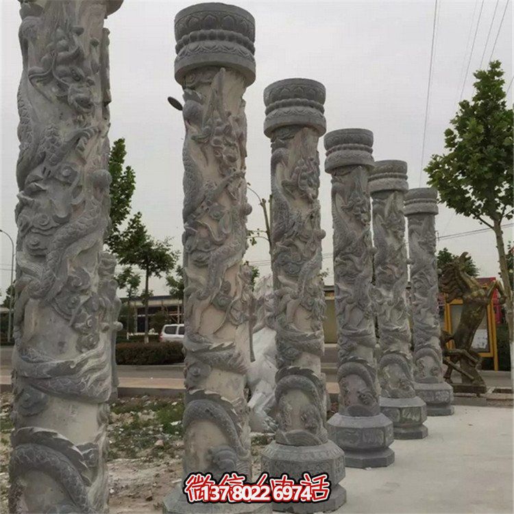 天然大理石浮雕龍盤柱，裝飾園林廣場(chǎng)的精美擺件