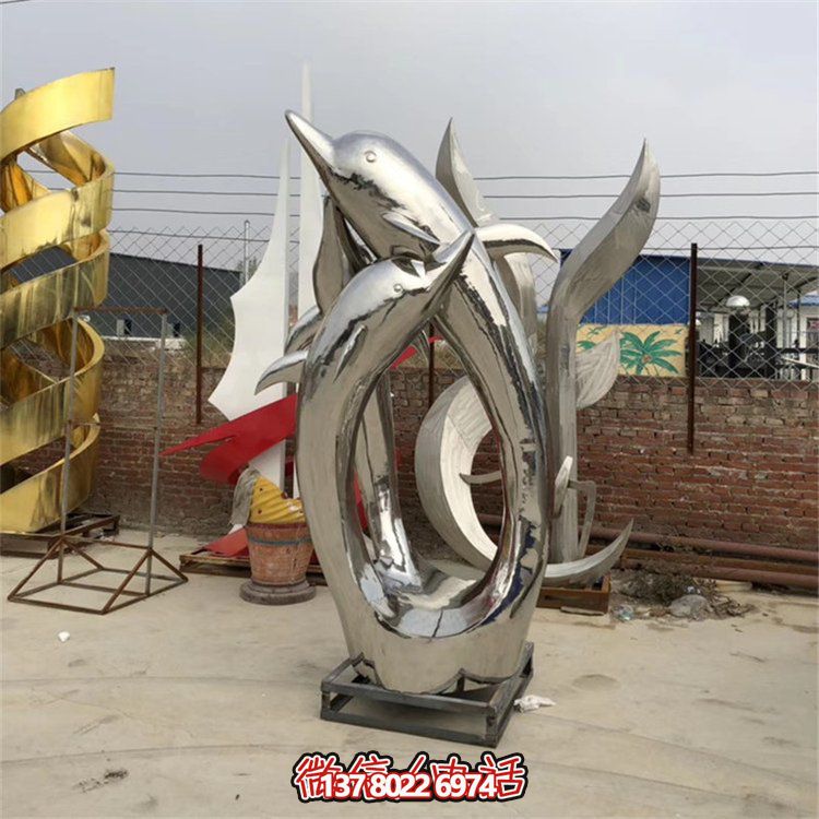 精美不銹鋼海豚雕塑，為您的戶外廣場增添水景鏡面美感