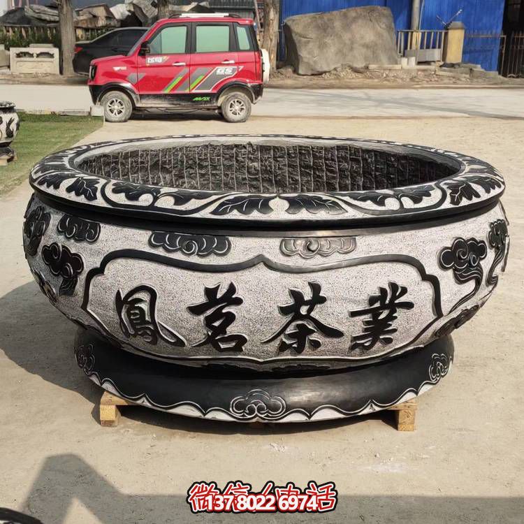 仿古青石荷花水缸，配合庭院戶外，點(diǎn)綴人間養(yǎng)魚園